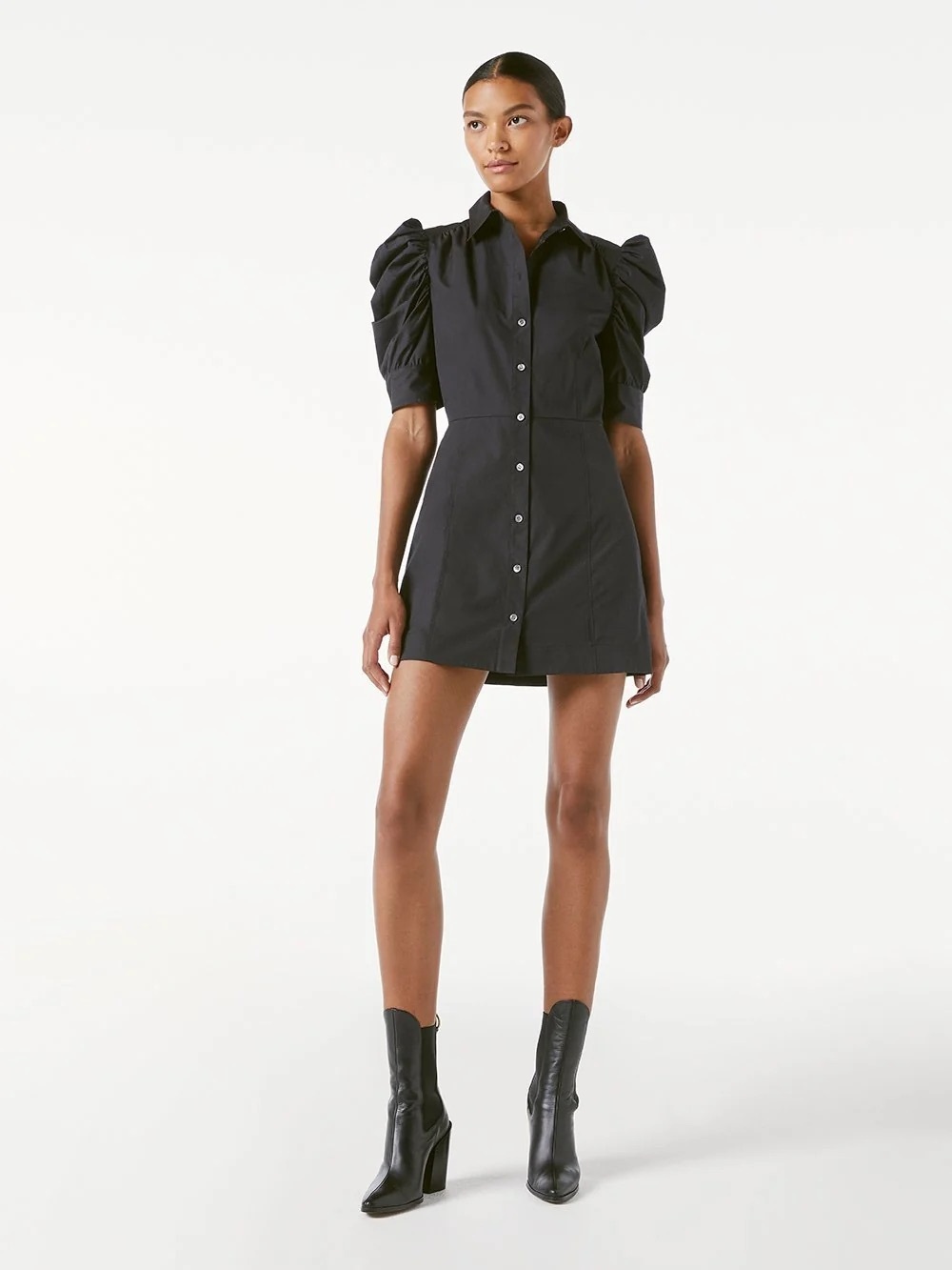 FRAME XS Puff-Sleeve Button-Front Black Mini Dress Party Event Designer Preppy - Picture 2 of 11